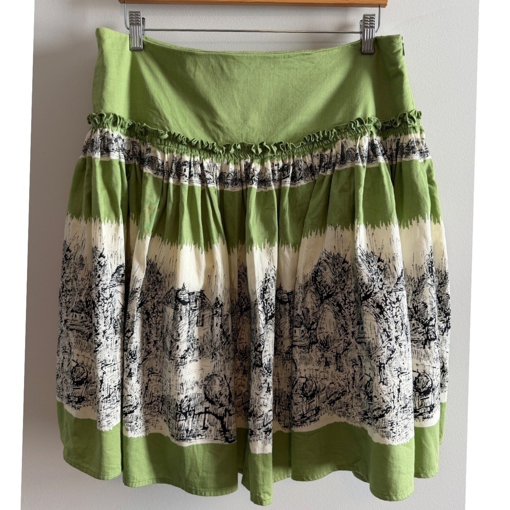 Anthropologie style Green Toile Print Cotton Boho Peasant Skirt Cottagecore